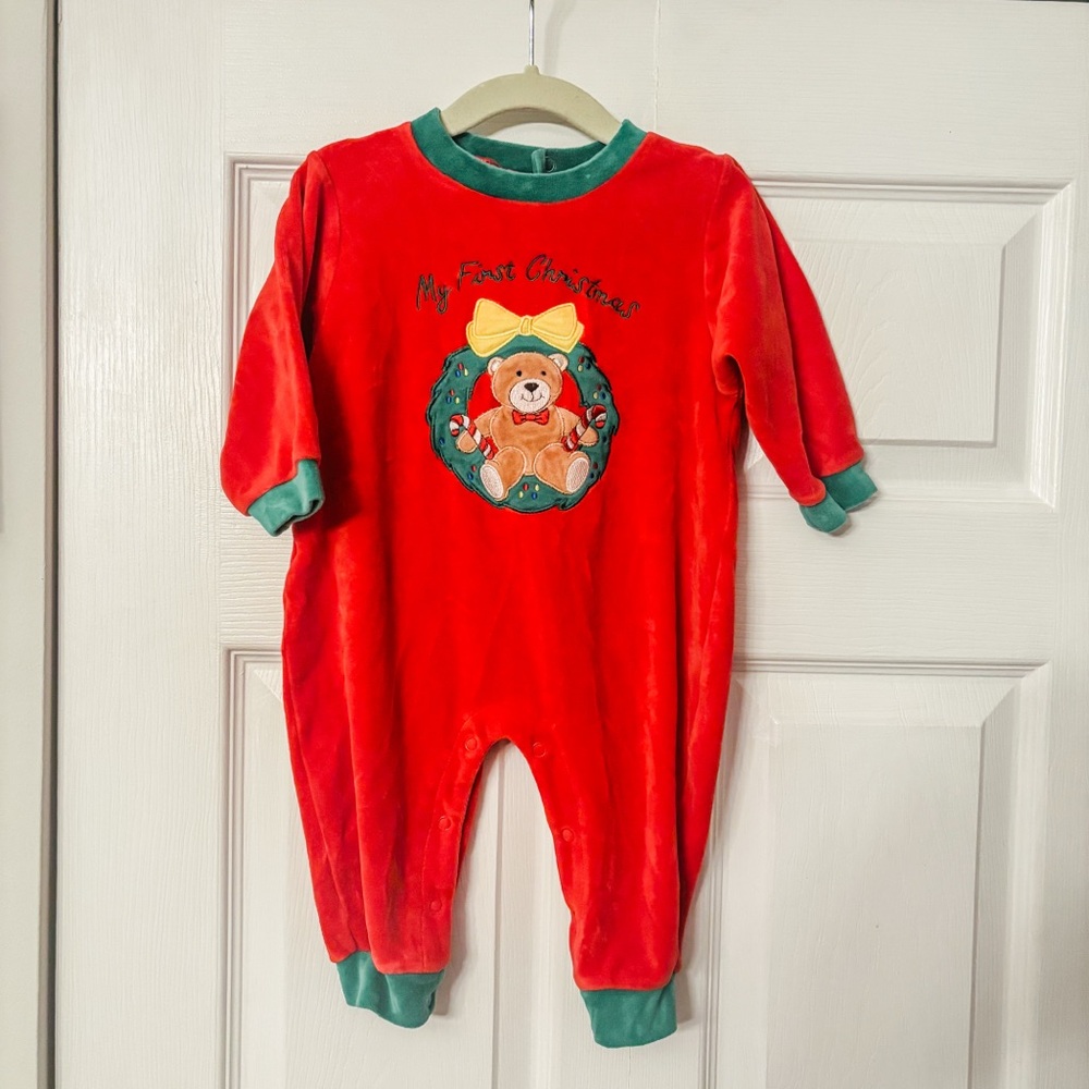 All Mine “My First Christmas” Red One Piece Vintage Baby Outfit Size 12 Months